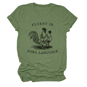 Close-up of rooster sketch and 'Fluent in fowl language' text on heather green t-shirt