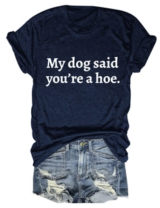 Detail of navy cotton slogan t-shirt with My dog said you're a hoe white text print
