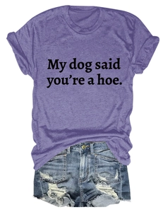 Detail of purple cotton T-shirt with My dog said text paired with distressed denim shorts