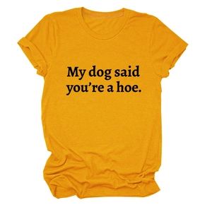Close-up of funny quote print on bright yellow crew neck cotton t-shirt fabric
