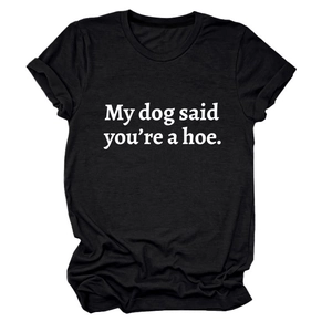 Detail of the white humorous slogan text printed on a black cotton crew neck t-shirt
