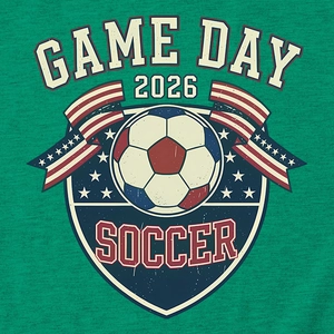 Détail de l'imprimé Game Day 2026 Soccer sur tissu vert avec des graphismes de sport US