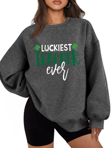 Detail of St. Patrick's Day graphic print on soft dark grey fleece sweatshirt for teachers