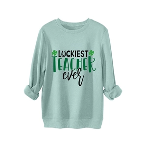 Mint green Luckiest Teacher Ever sweatshirt with clover print and ribbed cuffs