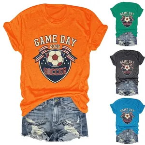 T-Shirt Femmes Game Day 2026 Soccer Imprimé Graphique Col Rond Manches Courtes Coupe Ample Mélange De Coton Haut Sportif