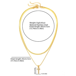 Detailed size specifications for a gold double-layer stainless steel cross necklace