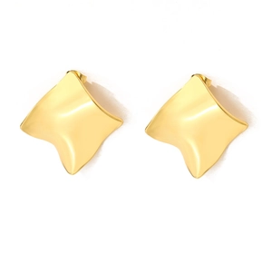 Golden irregular wavy square stud earrings in polished stainless steel on white background