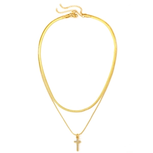 Double layer gold necklace with rhinestone cross pendant and flat snake chain design