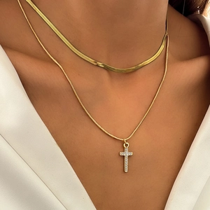 Double Layer Necklace Stainless Steel Zirconia Cross Pendant Herringbone Snake Chain Fashion Jewelry For Women Girls