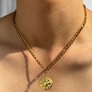 Collana Catena Figaro Acciaio Inossidabile Placcato Oro 18K Ciondolo Bussola Sole Retro Hip Hop Gioielli Unisex