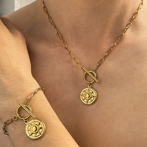 Stainless Steel Necklace And Bracelet North Star Octagram Pendant Paperclip Link Chain Toggle Clasp Vintage Punk For Women