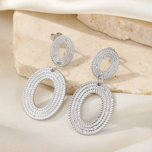 Silver twisted woven texture double oval dangle earrings in 18K stainless steel finish