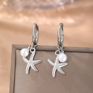 Silver stainless steel starfish earrings with pearl drops and geometric fringe style