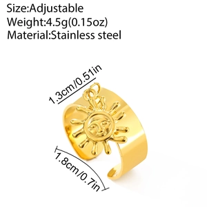 Detailed view of adjustable golden sun mask ring with stainless steel material and dimensions