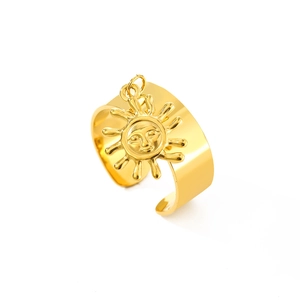 Creative gold-plated stainless steel wide ring with a smiling sun charm decoration