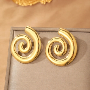 Polished gold spiral stud earrings in a modern geometric stainless steel design