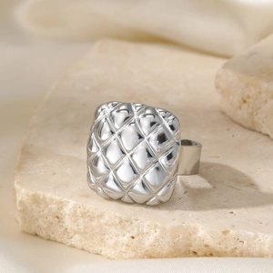 Elegant silver square quilted ring with polished geometric lava style for women