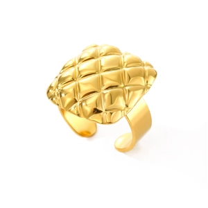 Elegant gold quilted geometric open ring with square lava texture and glossy finish