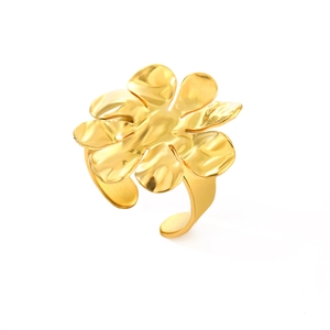 Anello a fiore minimalista in acciaio inossidabile 304 placcato oro 18k con trama martellata