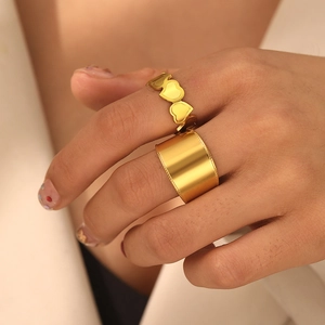 Stainless Steel Rings 18K Gold Plated Adjustable Open Wide Band Heart Wavy Geometric Minimalist Commuter Jewelry For Women