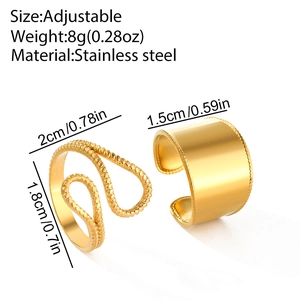 Macro detail of adjustable gold stainless steel ring set showing dimensions and wavy design