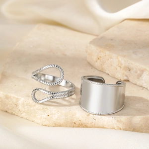 Minimalist silver open ring set with twisted hollow heart and beaded edge band
