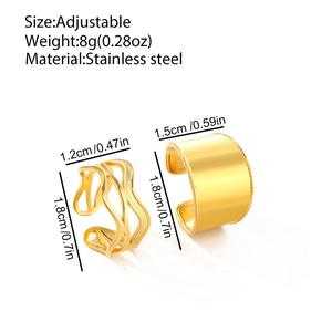 Detail view of 18k gold plated double-layer spiral and wide smooth stainless steel rings