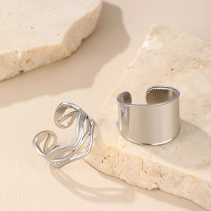 Detail of silver double-layer textured rings on decorative stone for women