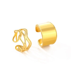Detail of 18k gold plated double layer textured and bead-edged open rings for women