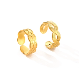 Retro gold woven and geometric textured adjustable open ring set for men and women