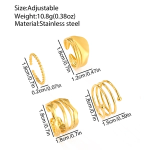 Adjustable golden stainless steel ring set with irregular lines and wavy minimalist designs