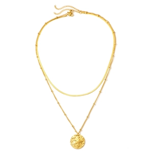 Double layer gold stainless steel necklace with flat snake chain and hammered round pendant
