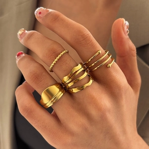 Irregular Wavy Stainless Steel Rings Adjustable Open Rings Minimalist Beaded Jewelry Trendy Accessories For Women