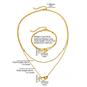 Double-layered stainless steel gold heart necklace and bracelet jewelry set for women