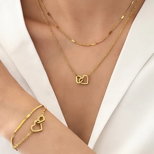 Double Layer Interlocking Heart Necklace And Bracelet Jewelry Stainless Steel Fashion Valentine Gift For Women