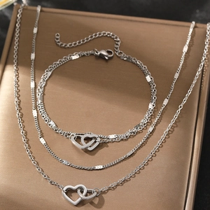 Silver stainless steel double heart interlocking necklace and bracelet jewelry set