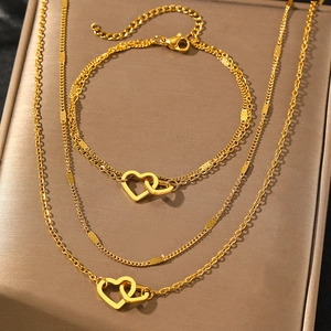 Double-layer gold stainless steel heart necklace and bracelet jewelry set for women