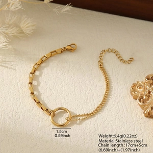 Golden stainless steel bracelet with square box chain and double beaded link details