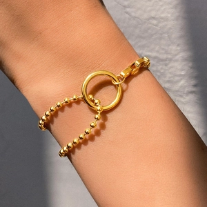 Stainless Steel Patchwork Chain Bracelet With Geometric Circle Ring Trendy Asymmetric Fashion Jewelry For Women