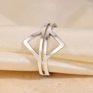 Minimalist silver stainless steel geometric open ring with polished hollow triangles