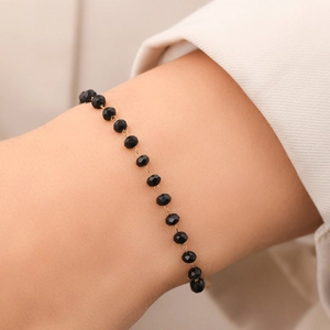 Bracelet De Cheville En Acier Inoxydable Avec Perles En Verre Facettées Noires Chaîne Dorée Pour Femme Bijoux Minimalistes