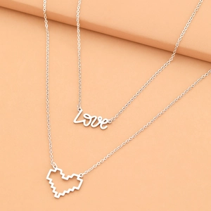 Silberne Doppel-Halskette mit Love-Schriftzug und Pixel-Herz-Anhänger für Damen