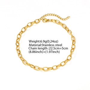 Minimalist gold oval link stainless steel anklet with adjustable extension chain