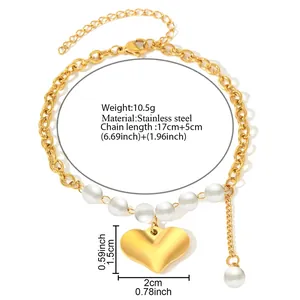 Gold stainless steel baroque pearl bracelet with large heart pendant for women