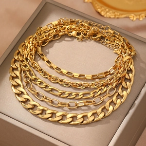 Five-piece set of gold-plated stainless steel Figaro and curb link chains for women