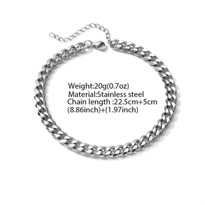 Polished silver stainless steel Cuban link anklet with lobster clasp for couples