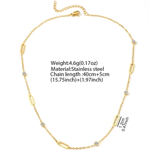 Gold stainless steel necklace with round crystal and hollow oval links for women