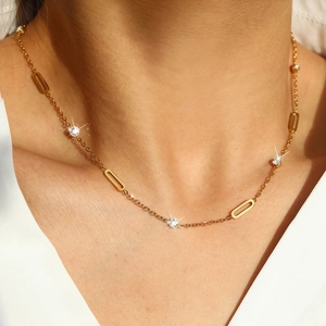 Elegant gold stainless steel necklace for women featuring oval links and sparkling zircons