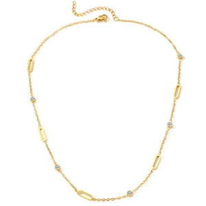 Elegant gold-plated stainless steel necklace with oval charms and sparkling zircon crystals