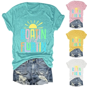 Women casual round neck t-shirts shown in blue, pink, yellow, and white with sun print